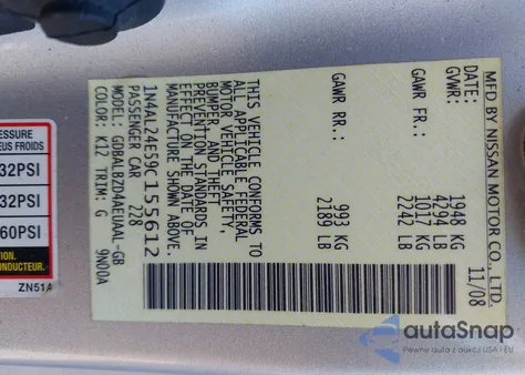 2009 Nissan Altima 2.5 S из США, поврежденный, VIN 1N4AL24E59C155612